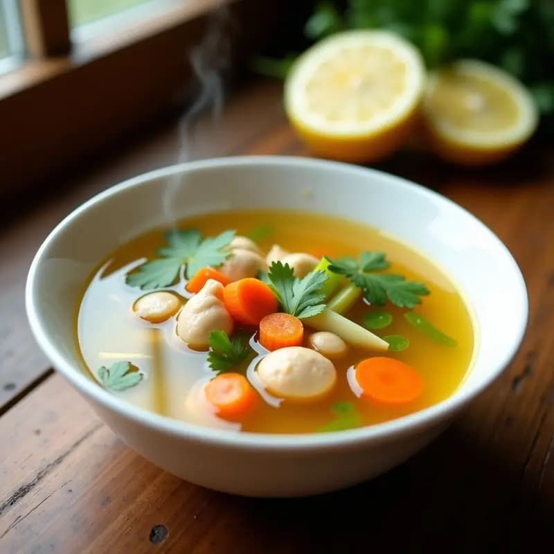 Cuenco hondo de cerámica blanca con sopa de semillas de loto y jengibre, trozos de pollo al vapor, zanahoria, apio y cilantro fresco, servida en mesa de madera con limón al lado.