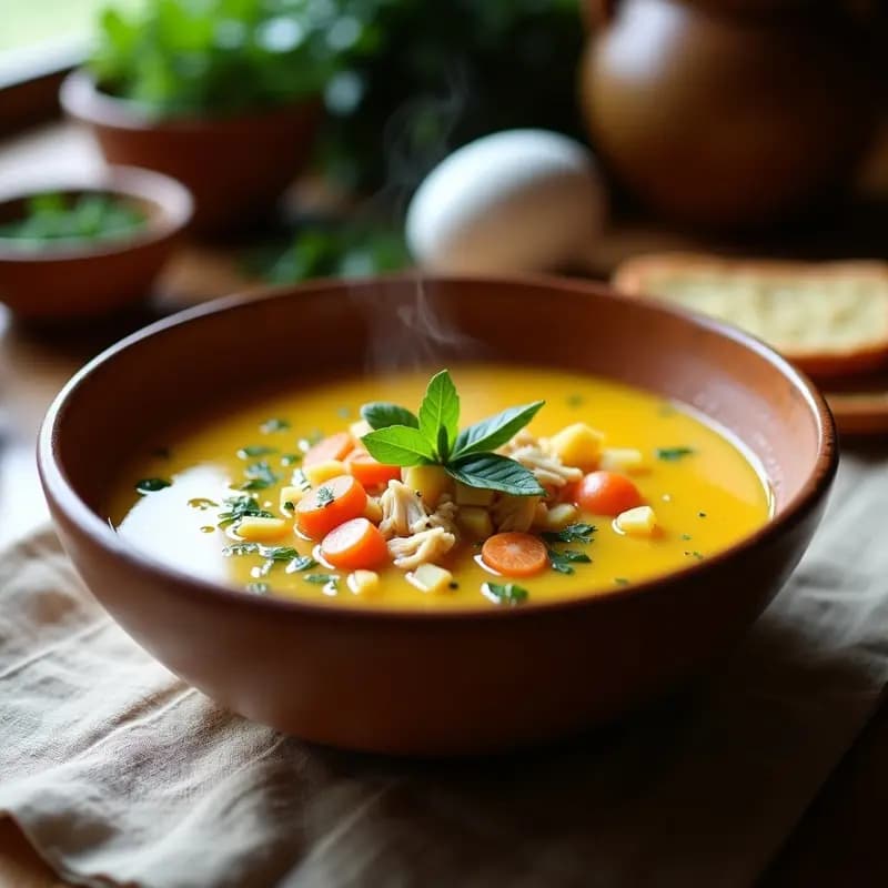 Plato hondo de barro con sopa boliviana de sémola de maíz, caldo de pollo dorado, trozos de zanahoria y huevo duro picado, decorada con hojas de huacatay y muña.