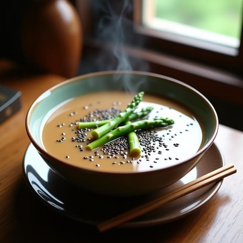 Cuenco de sopa cremosa de color beige oscuro con semillas de sésamo negro espolvoreadas y espárragos trigueros verdes frescos, servida en un bol de cerámica tradicional, con vapor ascendente y un toque de cebolla verde picada.
