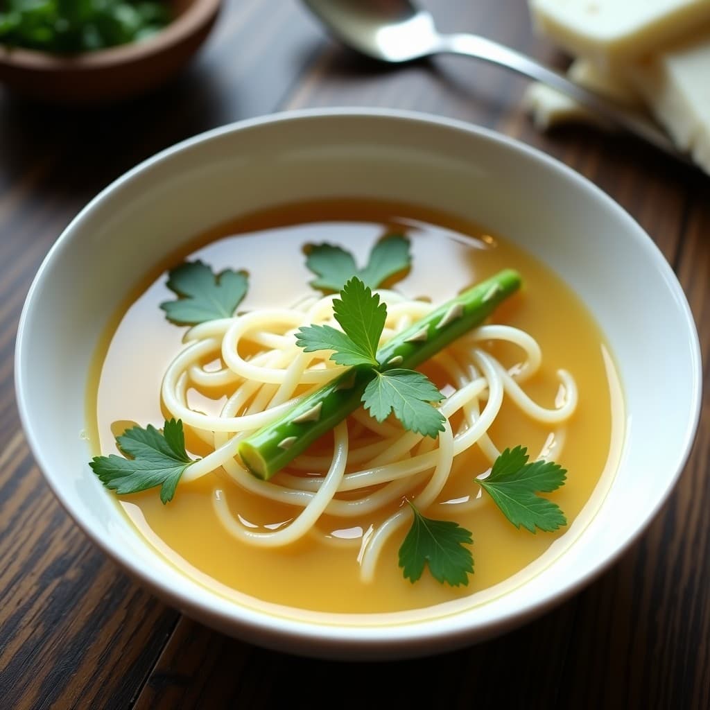 Tazón blanco hondo con sopa humeante de fideos shirataki translúcidos, espárragos blancos en rodajas y cilantro fresco, bañados en un caldo dorado de kefir con especias. Plato keto y probiótico sobre fondo de madera oscura.