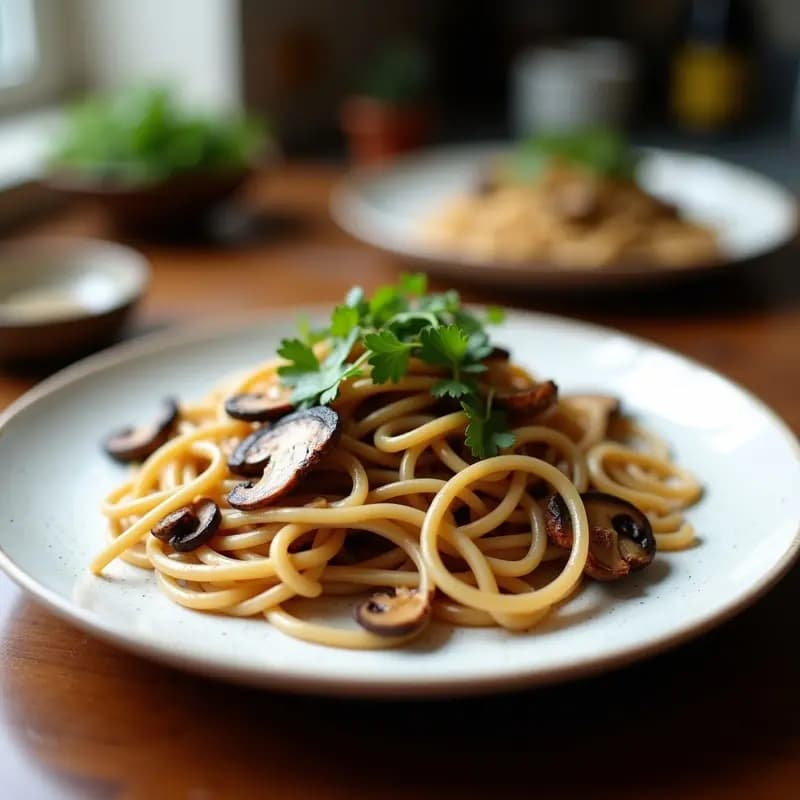 Cuenco hondo de cerámica blanca con sopa de fideos soba marrones, caldo dashi dorado transparente, hongos enoki blancos, rodajas de zanahoria naranja y cebollino verde. Decorado con semillas de sésamo negras y tofu en cubos. Plato humeante sobre fondo de madera oscura, estilo japonés minimalista.