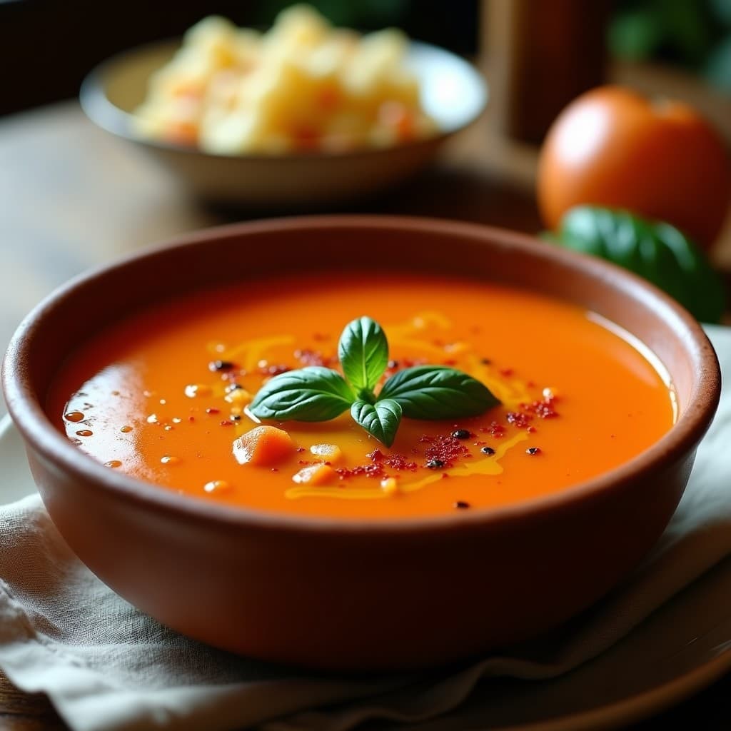 Plato hondo de barro con sopa de tamarillo y albahaca ecuatoriana vegana, color rojo intenso con toques verdes de albahaca fresca, decorada con un hilo de aceite de oliva y chile piquín, sobre fondo rústico de madera.