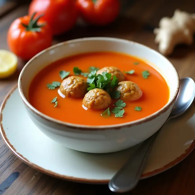 Plato hondo de cerámica blanca con sopa de tamarillo y jengibre, albóndigas de lentejas doradas y cilantro fresco picado. Receta peruana en olla exprés, servida humeante.