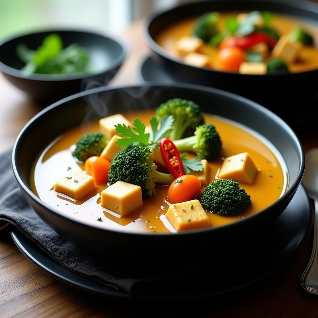 Cuenco negro de sopa tailandesa de cacahuete y curry verde con trozos de tofu, brócoli y zanahoria, decorado con cilantro fresco y rodajas de chile rojo, servida sobre una mesa de madera rústica.