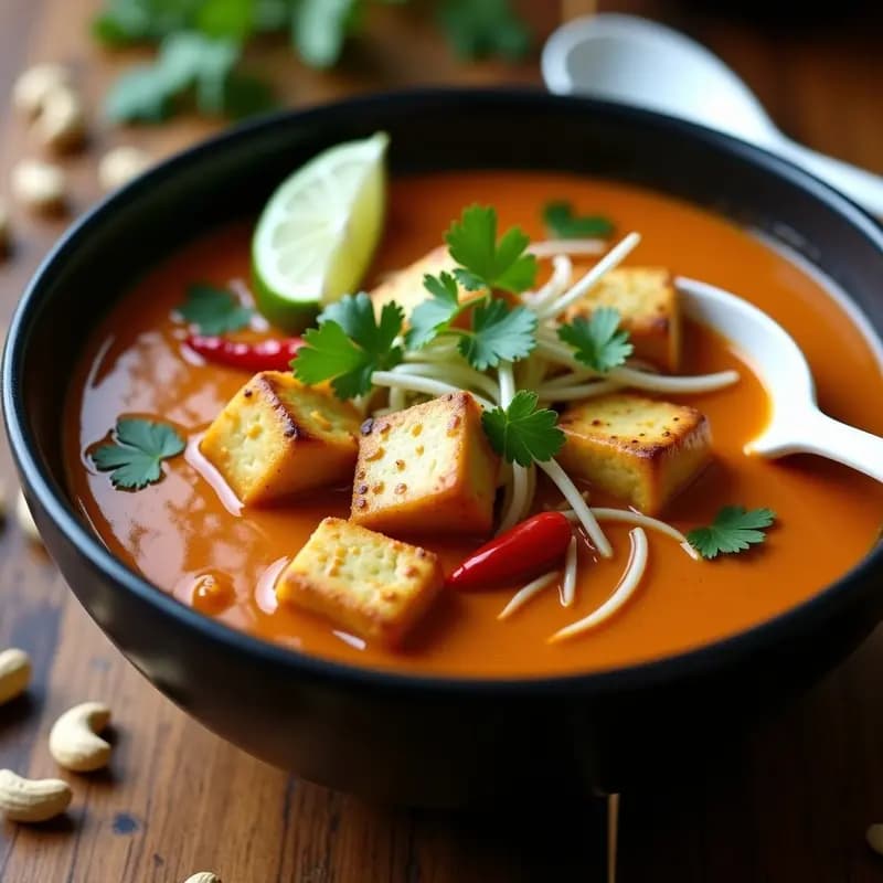 Cuenco hondo de cerámica negra con sopa tailandesa de cacahuete y tofu, tofu dorado crujiente, brotes de soja y cilantro fresco, servida con rodajas de limón y chile rojo.