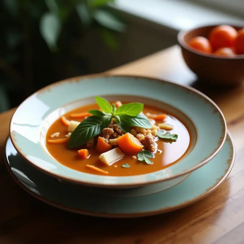 Tazón hondo de cerámica negra con sopa tailandesa de café y coco en olla lenta, espolvoreada con cilantro fresco y rodajas de lima, sobre una mesa de madera rústica.