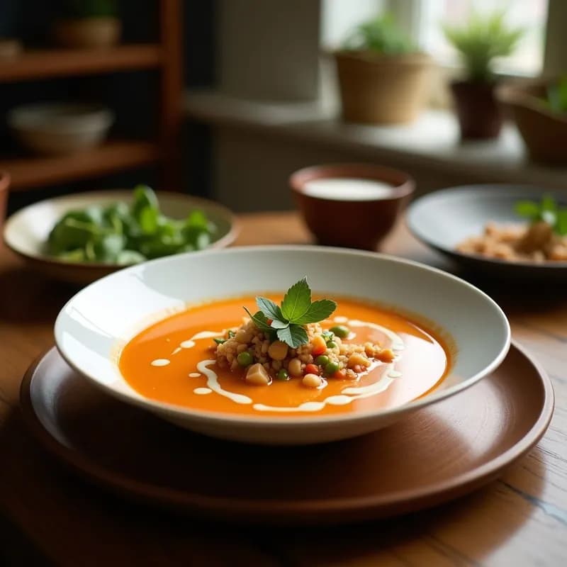 Plato hondo de cerámica blanca con sopa tailandesa de coco y cacahuete, decorada con cilantro fresco, cacahuetes picados y rodajas de lima, cocinada en airfryer.