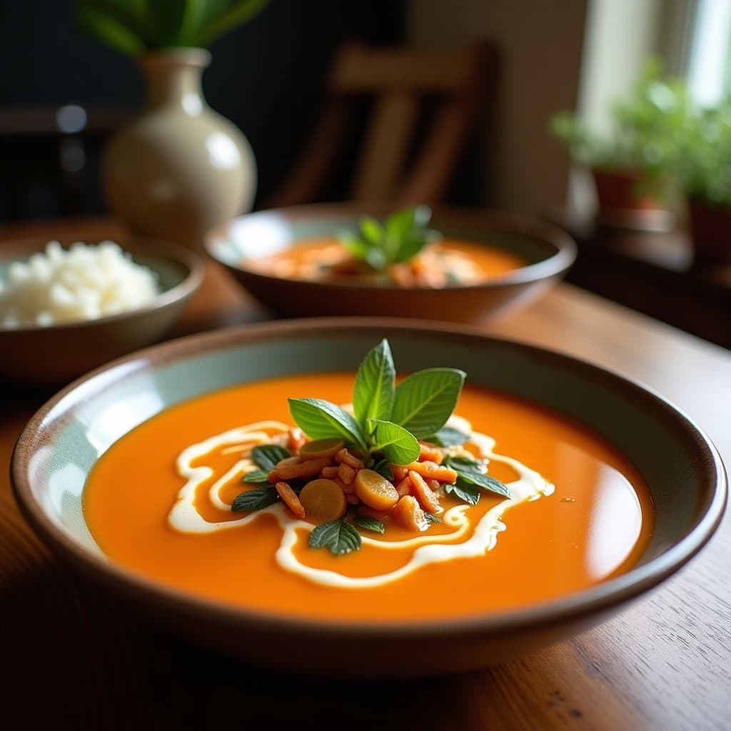 Cuenco hondo de cerámica blanca con sopa tailandesa de coco y curry rojo, decorada con hojas de albahaca fresca y rodajas de lima, sobre una mesa de madera rústica con fondo de especias y hierbas.