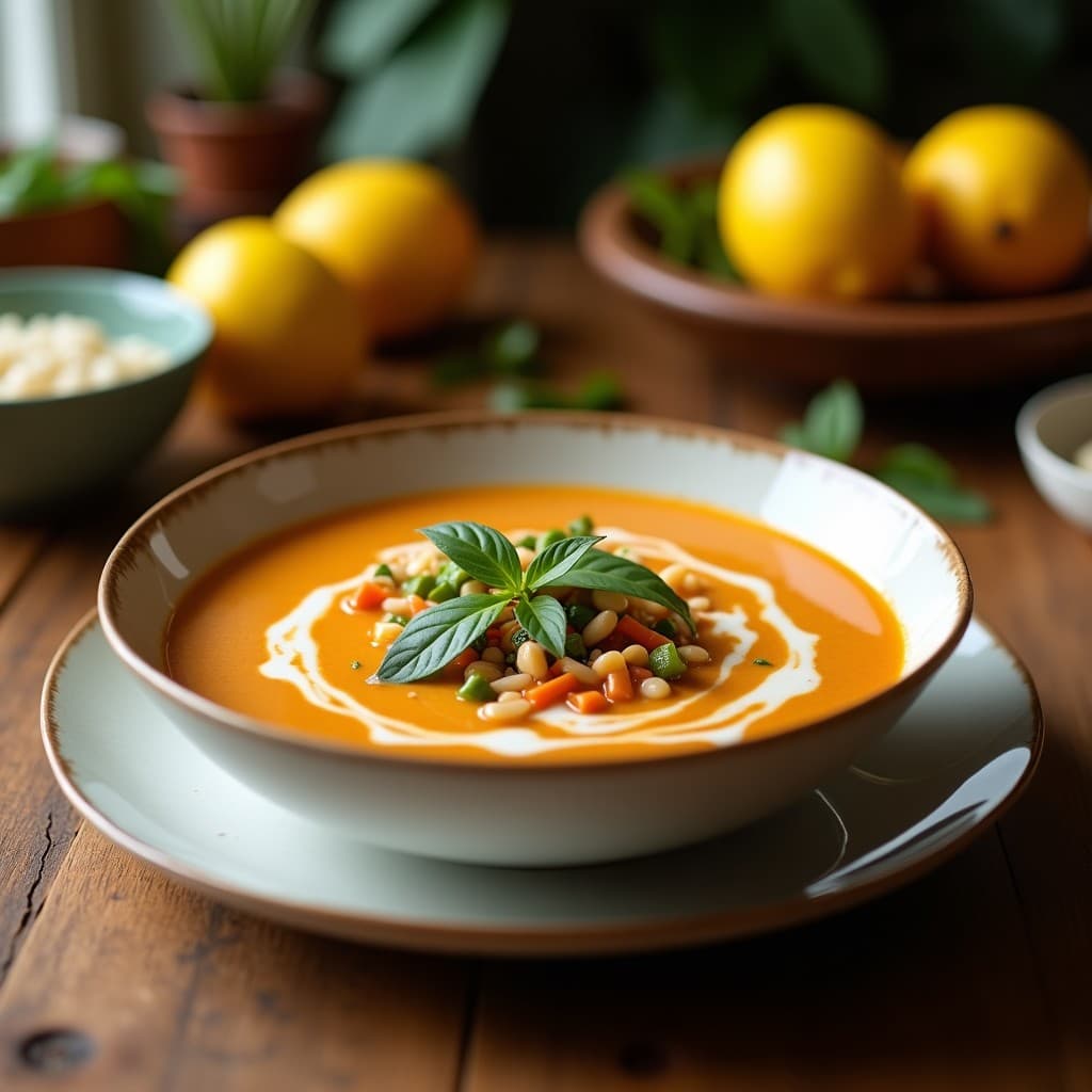 Cuenco de cerámica blanca con sopa Thai de coco y limón vegana, cremosa y espesa, con trozos de tofu sedoso, hongos shiitake, cilantro fresco y rodajas de limón. Fondos de hojas de limoncillo y chile rojo.