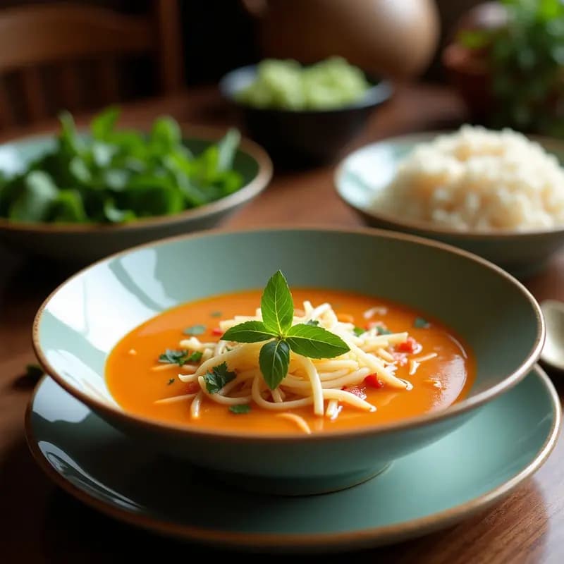 Cuenco blanco de cerámica con sopa tailandesa de coco y lemongrass vegana, decorada con cilantro fresco, rodajas de chile rojo y brotes de soja. Fondo borroso con ingredientes como tallos de lemongrass y hojas de lima kaffir.