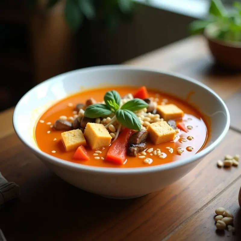 Cuenco hondo de cerámica blanca con sopa tailandesa de curry rojo, tofu dorado, pimientos rojos y champiñones, decorada con albahaca tailandesa y brotes de soja. Fondo de madera rústica.