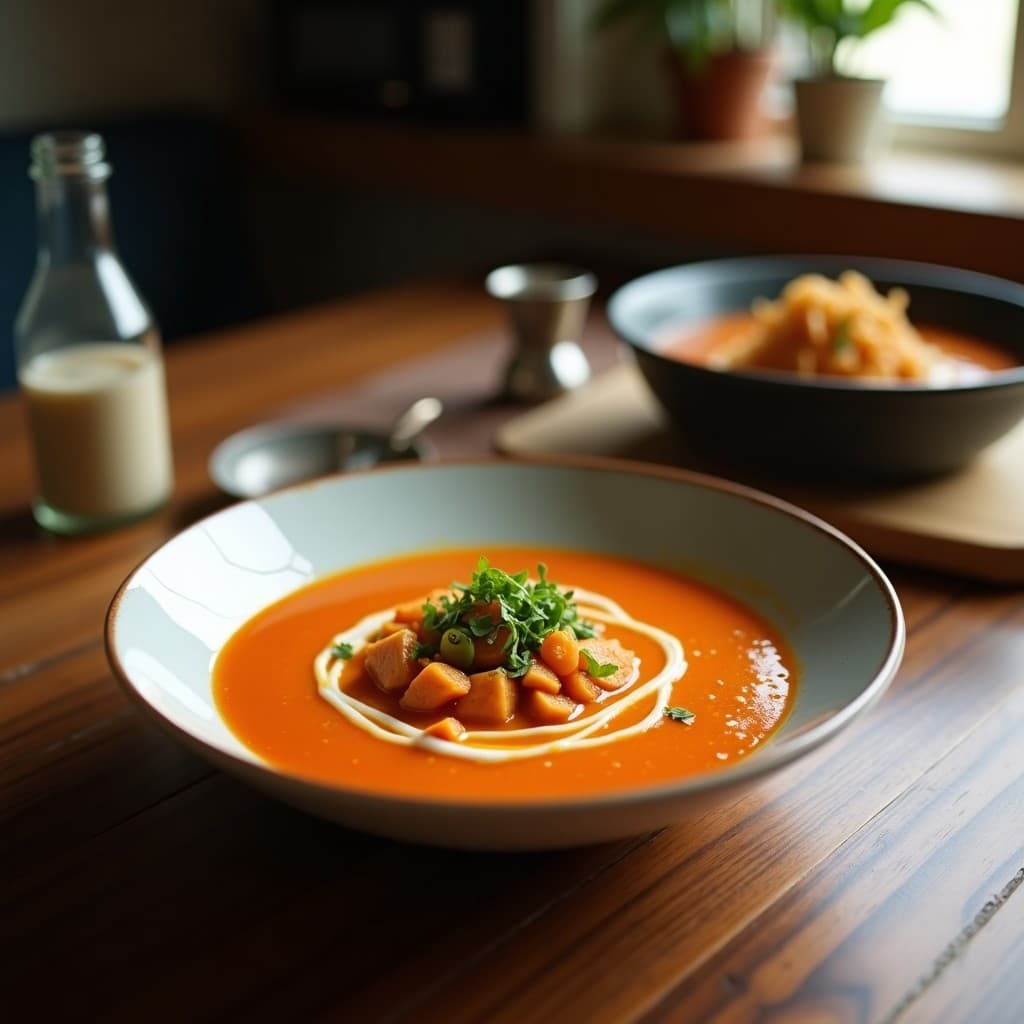 Bowl de sopa tailandesa de curry rojo vegana con tofu, champiñones y pimientos rojos en un caldo cremoso de leche de coco, decorada con hojas de albahaca fresca.
