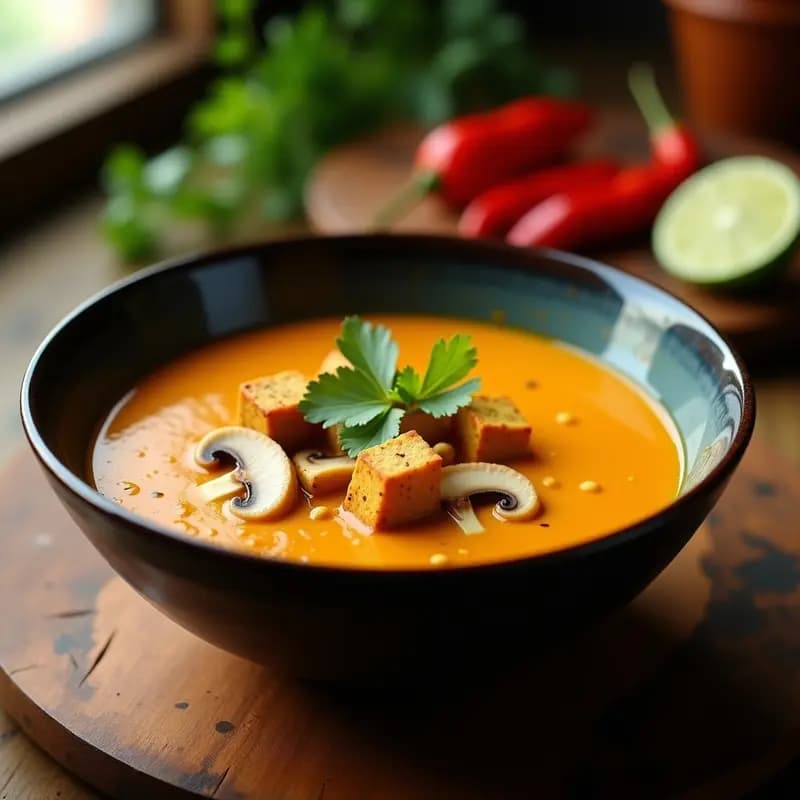 Cuenco negro profundo con sopa thai de cacahuete y curry vegana, cremosa y dorada, con trozos de tofu, champiñones shiitake y cilantro fresco. Fondo borroso con especias y hierbas tailandesas.