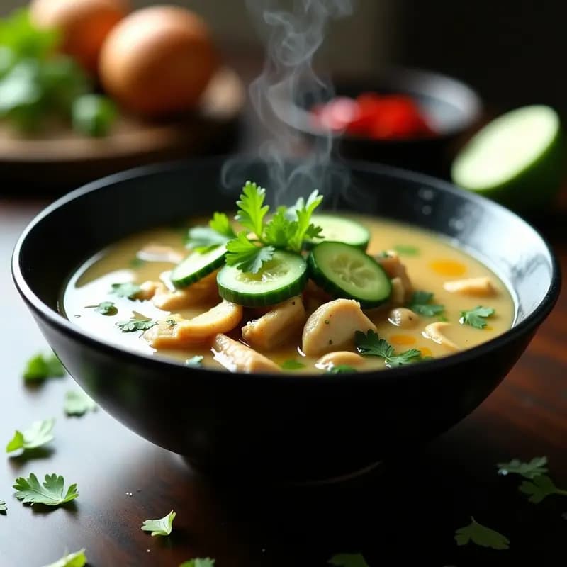 Bol de cerámica negra con sopa tailandesa de pepino y pollo en airfryer, rodajas de pepino fresco, hierbas verdes y un toque de aceite de sésamo, sobre fondo de madera oscura.