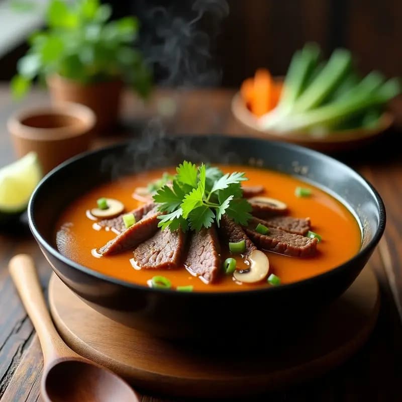 Cuenco hondo de cerámica oscura con sopa thai de picanha de ternera, caldo dorado aromático, láminas de carne jugosa, champiñones shiitake y decoración de cebollino y cilantro fresco.