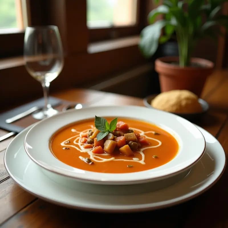 Cuenco de cerámica blanca con sopa de Tom Kha de anacardos y cúrcuma, cremosa y dorada, decorada con anacardos tostados y cilantro fresco. Fondos de lemongrass y hojas de lima kaffir flotando en la superficie. Plato tailandés vegano y detox sobre mesa de madera rústica.