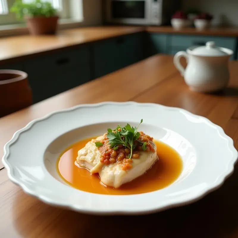 Tazón blanco hondo con sopa de Tom Kha Gai cremosa, trozos de pollo tierno, champiñones shiitake y hierbas tailandesas frescas, sobre una mesa de madera con fondo de ingredientes como limoncillo y hojas de lima kaffir.