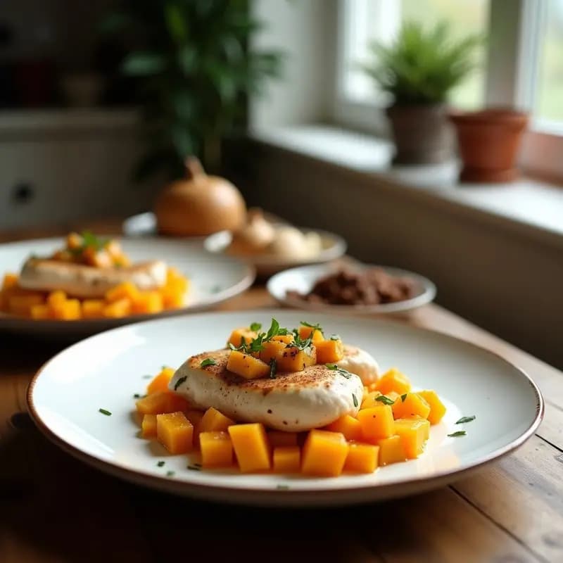 Sopa tailandesa Tom Kha en cuenco de cerámica blanca, con trozos de pollo dorado, cubos de calabaza butternut, hojas de cilantro fresco y una rodaja de lima al lado. Fondo borroso con ingredientes como lemongrass y hojas de limón kaffir.