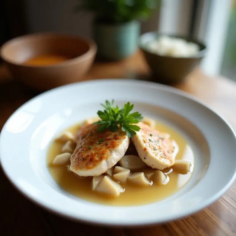 Cuenco hondo de cerámica blanca con sopa de Tom Kha cremosa, trozos de pollo de Sincelejo, hojas de lima kaffir y decoración de cilantro fresco y maní tostado. Fondo con telas tailandesas y naranjas agrias colombianas.