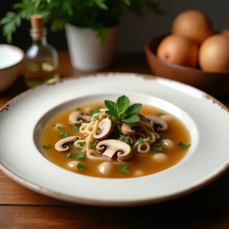 Cuenco de cerámica blanca con sopa de Tom Kha vegana y cremosa, llena de setas shiitake doradas, rodajas de jalapeno rojo y hojas de cilantro fresco. Fondo borroso con limoncillo y hojas de kaffir lima como decoración, luz natural suave.
