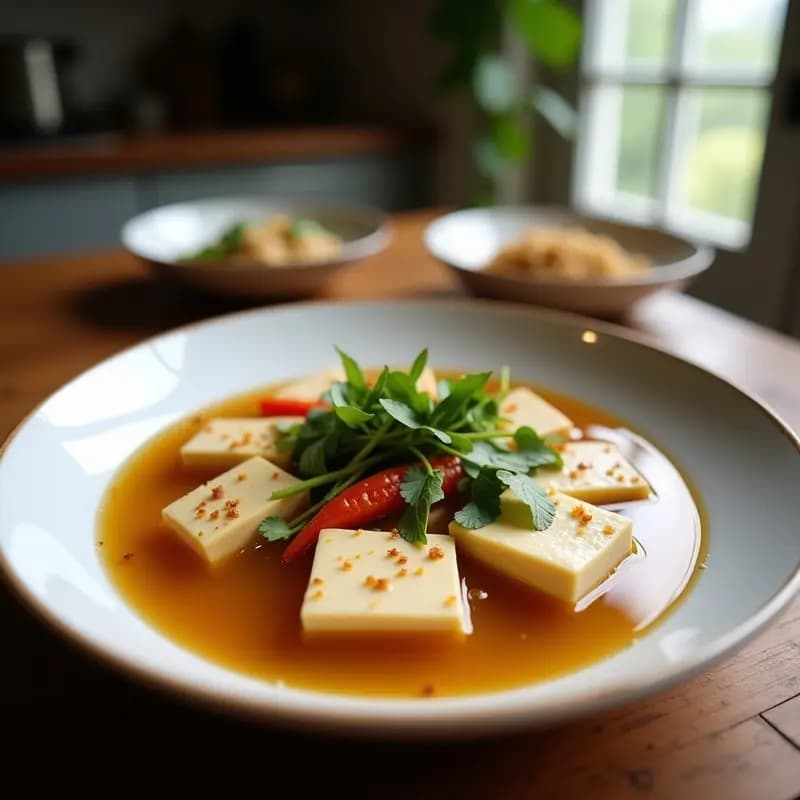 Cuenco hondo blanco con sopa de Tom Kha tailandesa, cremosa y picante, llena de tofu dorado, champiñones shiitake, trozos de lemongrass y cilantro fresco. Decorada con rodajas de limón y chile rojo, sobre fondo de madera oscura con hierbas tailandesas al lado.