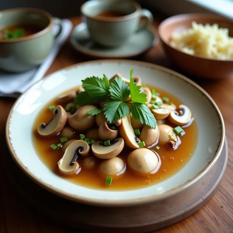 Cuenco hondo de cerámica blanca con sopa Tom Kha vegana espumosa, decorada con láminas de champiñones portobello, rodajas de limón verde, hojas de cilantro fresco y un tallo de lemongrass. Fondo con textura de madera rústica y velas encendidas.