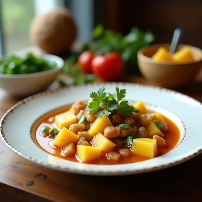 Cuenco hondo de cerámica blanca con sopa de Tom Kha tailandesa, cremosa y aromática, llena de cubos de yuca dorados, láminas de champiñones portobello y hojas de limón kaffir. Decorada con cebollino picado y una rodaja de limón al lado, sobre un mantel de lino gris.