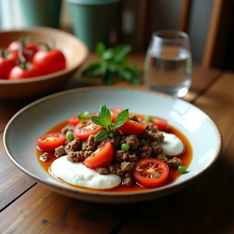 Cuenco de cerámica turquesa con sopa de Tom Yolum, albóndigas de cordero doradas, yogur cremoso y hierbas frescas, sobre fondo rústico de madera con pan pide al lado.