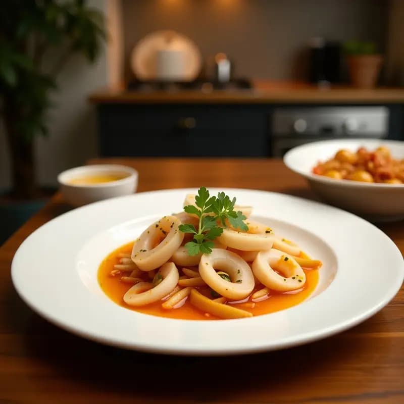 Cuenco hondo de cerámica negra con sopa de Tom Yum humeante, calamar en anillos, champiñones shiitake, tomates cherry y hierbas frescas, decorada con rodajas de lima y cebollino. Receta tailandesa de marisco ultraaromática.