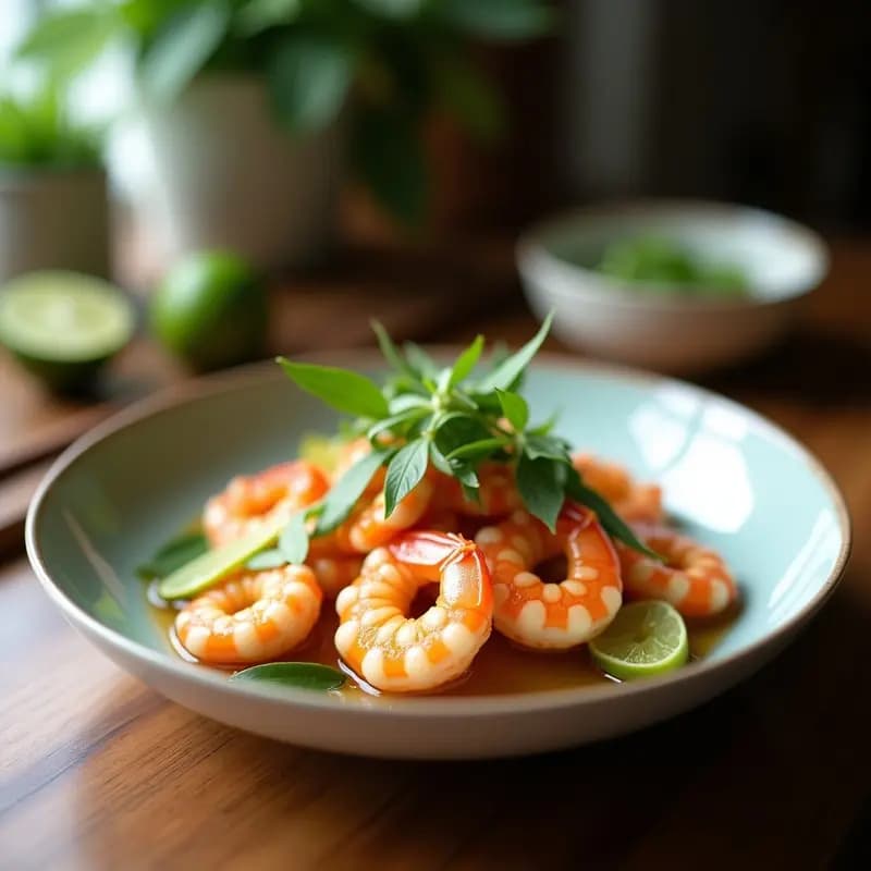 Tazón de cerámica negra con sopa de Tom Yum humeante, camarones rosados, champiñones shiitake, rodajas de limón kaffir y cilantro fresco, sobre fondo de madera oscura con ingredientes tailandeses dispersos.