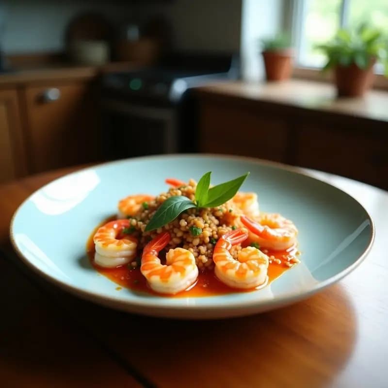 Tazón de cerámica negra humeante con sopa de Tom Yum, camarones de konjac transparentes, champiñones shiitake, rodajas de lemongrass y cilantro fresco. Fondo oscuro con especias tailandesas dispersas.