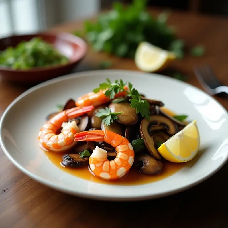 Cuenco hondo de cerámica negra con sopa de Tom Yum humeante, gambas rosadas, champiñones portobello en láminas, hierbas frescas y rodajas de limón. Fondo con tallos de lemongrass y hojas de limón kaffir.