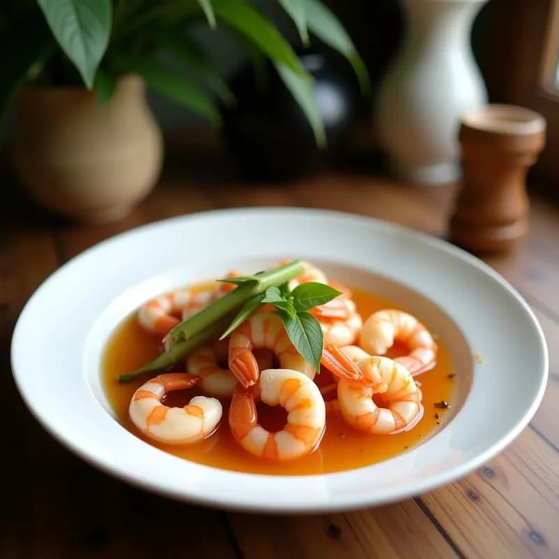 Cuenco hondo de cerámica blanca con sopa de Tom Yum humeante, langostinos rosados, hongos enoki, rodajas de limón y cilantro fresco. Fondo oscuro con especias tailandesas dispersas.