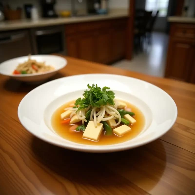 Cuenco negro humeante con sopa de Tom Yum vegana, llena de cubos de tofu sedoso, brotes de bambú, champiñones shiitake y hojas de cilantro fresco, decorada con rodajas de lima y chile rojo sobre fondo de madera oscura.