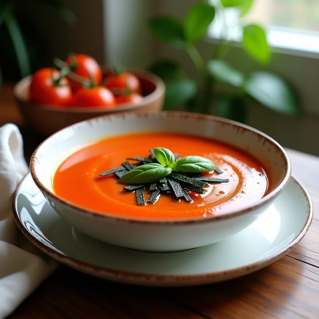 Plato hondo blanco con sopa de tomate y albahaca vegana, decorada con tiras de algas nori y hojas frescas de albahaca, sobre una mesa de madera rústica.