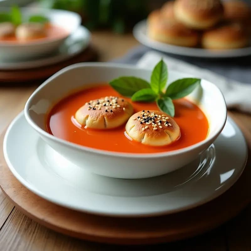Sopa cremosa de tomate y albahaca en cuenco blanco, acompañada de dos bollos dorados de mojo con semillas de sésamo, servida en mesa rústica con hoja de albahaca fresca como decoración.