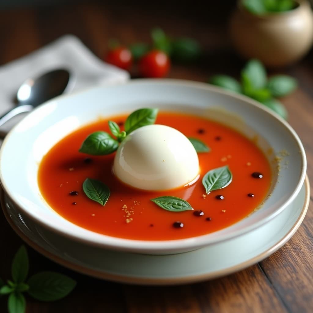 Plato hondo blanco con sopa de tomate y albahaca fría, coronada por una bola de helado de mozzarella cremosa, decorada con hojas de albahaca fresca y un hilo de aceite de oliva virgen extra. Fondo desenfocado con texturas rústicas.