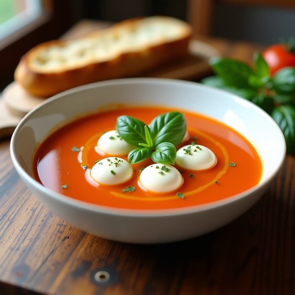 Cuenco blanco con sopa de tomate y albahaca de color rojo intenso, coronada con bolitas de queso mozzarella fundiéndose, hojas de albahaca fresca y un hilo de aceite de oliva. Plato servido sobre una mesa de madera rústica con pan tostado al lado.