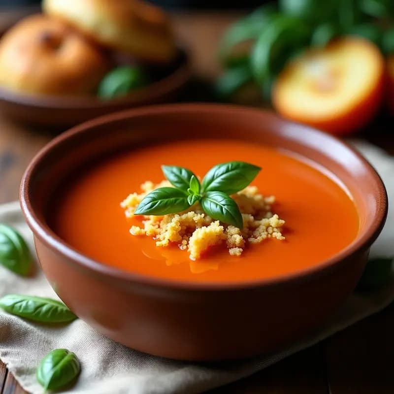Plato hondo de cerámica blanca con sopa de tomate y albahaca de color naranja intenso, decorada con hojas verdes de albahaca y cilantro, acompañada de rebanadas doradas de pan de joío tostado y rodajas de aguacate. Receta colombiana reconfortante.