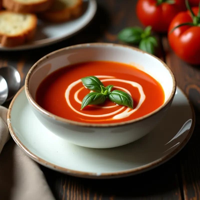 Cuenco hondo de cerámica blanca con sopa de tomate y albahaca con touch de vodka, textura cremosa y brillo sedoso, decorada con hojas de albahaca fresca y un hilo de nata líquida, fondo rústico de madera oscura con pan de centeno tostado al lado.