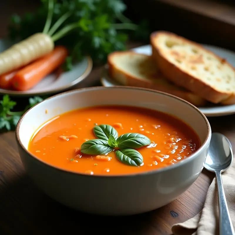 Sopa de tomate y albanahoria con albahaca fresca servida en un bol de cerámica blanca, con un hilo de aceite de oliva y hojas de albahaca como decoración, sobre una mesa de madera rústica con pan de centeno tostado al lado.