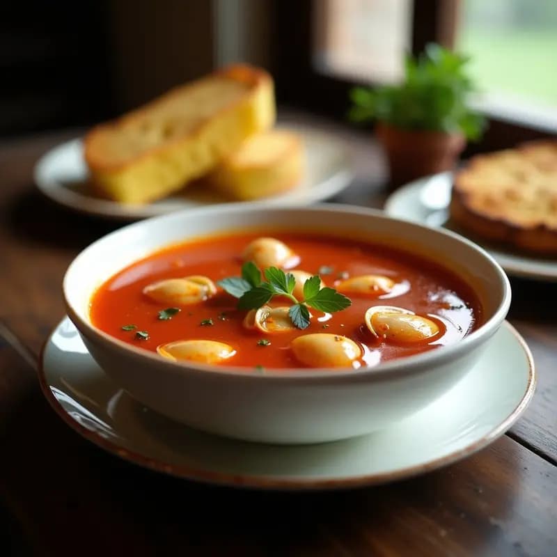 Cuenco hondo de barro con sopa de tomate y almejas con azafrán, caldo dorado y almejas abiertas, decorado con perejil fresco. Plato tradicional portugués en olla exprés, alto en proteína.