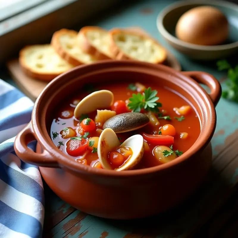 Cazuela de barro humeante con sopa de tomate y almejas portuguesa, almejas abiertas en su caldo rojo intenso, acompañada de pan tostado dorado con ajo y perejil. Plato típico costero portugués.