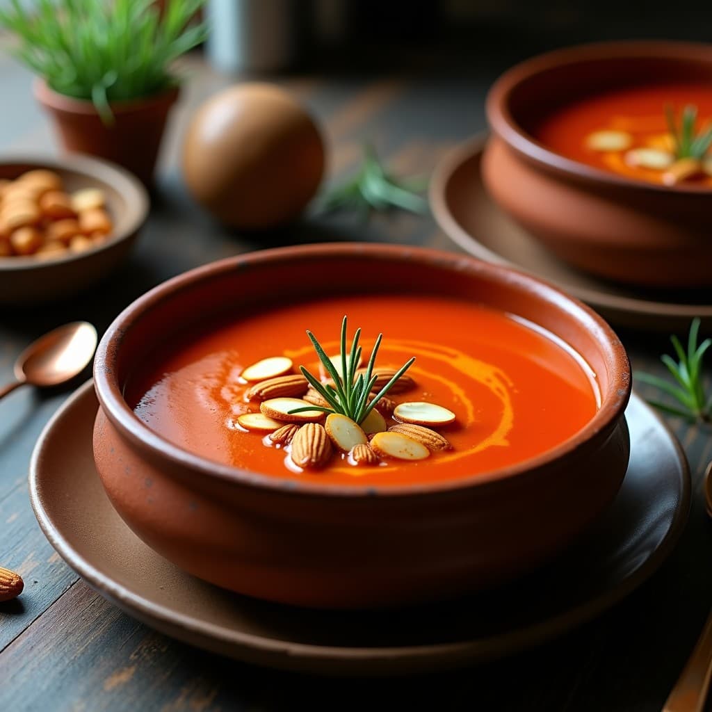 Cuenco hondo de cerámica blanca con sopa de tomate cremosa de color rojo intenso, decorada con almendras tostadas doradas, hojas de albahaca fresca y un hilo de aceite de oliva virgen extra. Fondo de mesa de madera rústica con pan de centeno tostado al lado.
