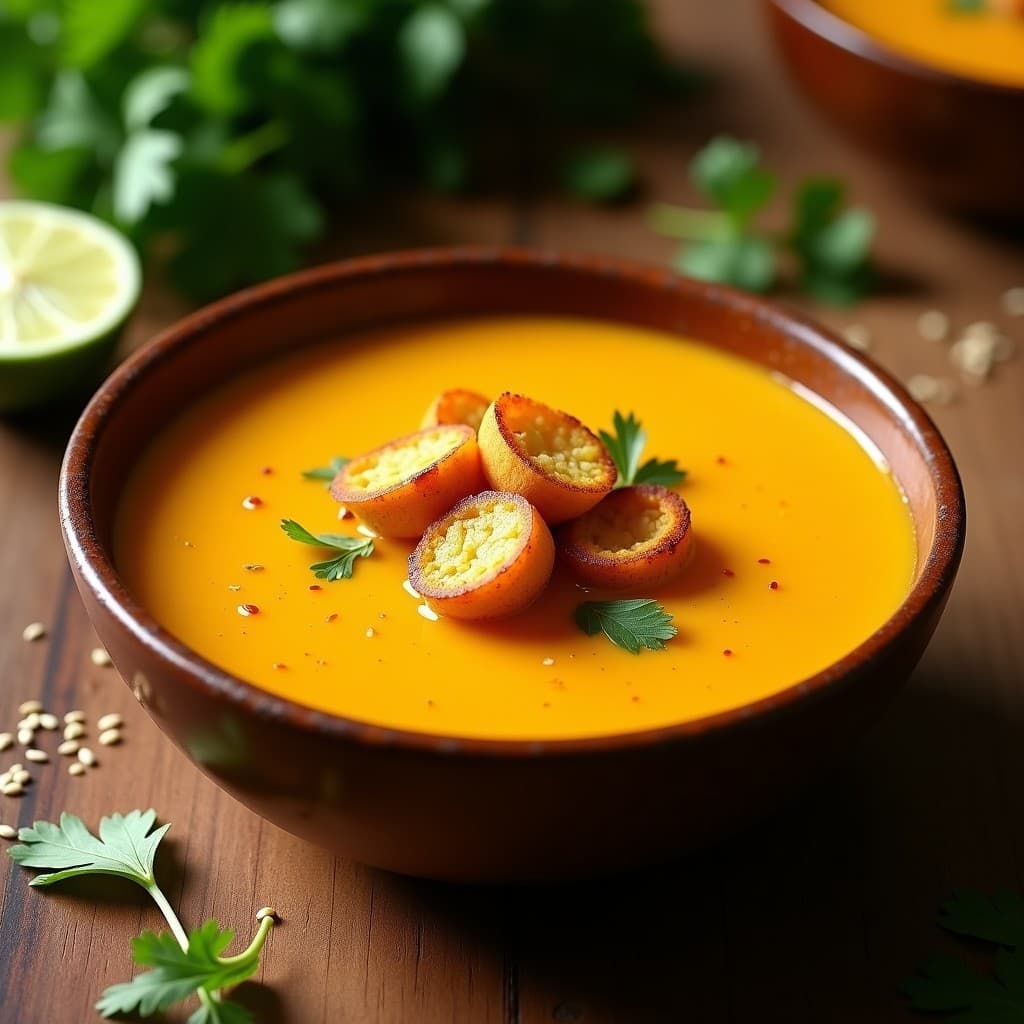 Plato hondo de cerámica blanca con sopa cremosa de tomate amarillo, decorada con trozos de cilantro fresco y croutons dorados de pan de maíz. Fondo rústico con mantel de lino y hierbas frescas.