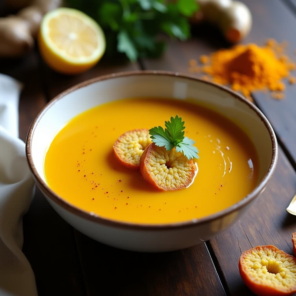Plato hondo de cerámica blanca con sopa de tomate amarillo y cúrcuma de color dorado intenso, decorada con crutones dorados de quinoa y hojas de cilantro fresco. Fondos borrosos de ingredientes como limón y especias sobre una mesa de madera rústica.