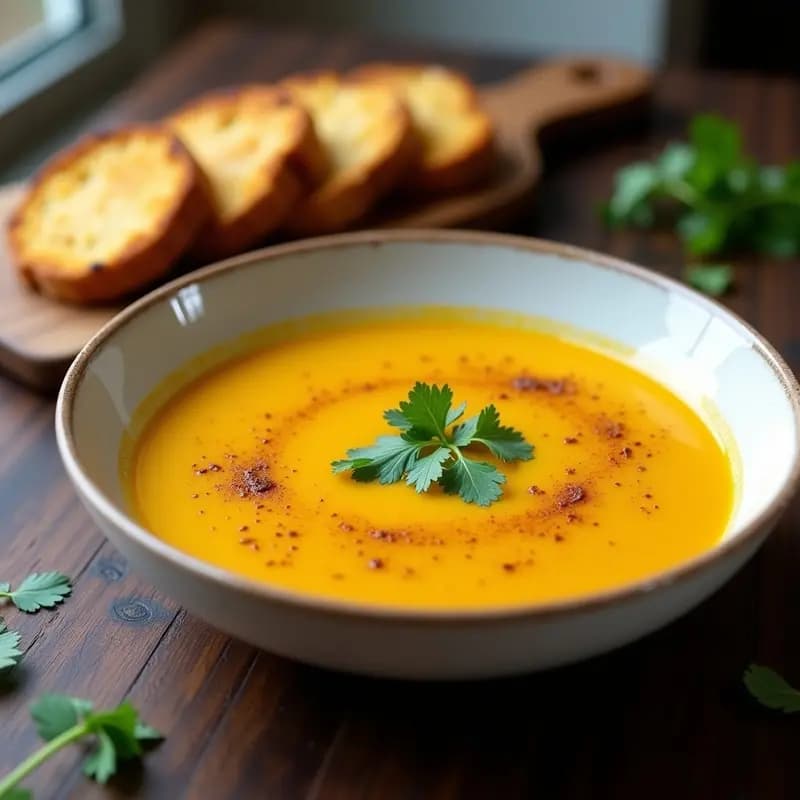 Plato hondo blanco con sopa de tomate amarillo y cúrcuma de color vibrante, acompañada de tostadas doradas de pan de mijo y decorada con cilantro fresco. Receta peruana en olla exprés.