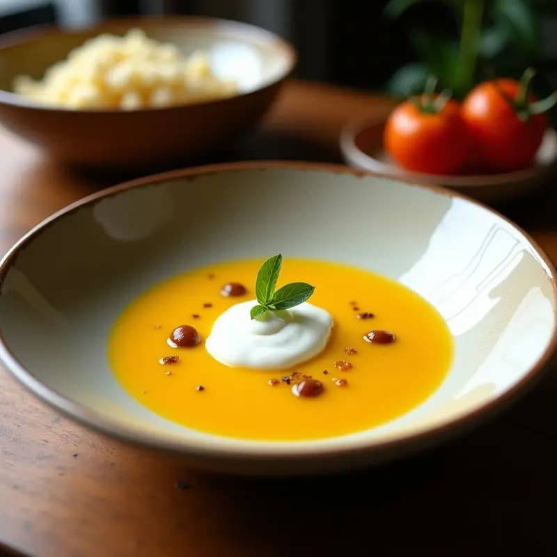 Cuenco hondo de cerámica blanca con sopa de tomate amarillo y cúrcuma, coronada con un remolino de yogur de coco y hojas de cilantro fresco. Plato colorido y reconfortante con tonos dorados y amarillos, típico de la cocina colombiana detox.