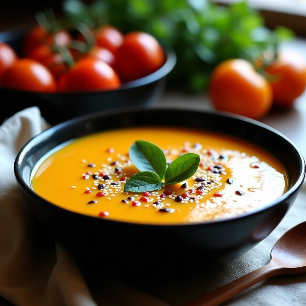 Plato hondo de cerámica negra con sopa cremosa de tomate amarillo y maíz morado, decorada con semillas de sésamo tostadas y hojas de huacatay, servida sobre un mantel rústico de lino.
