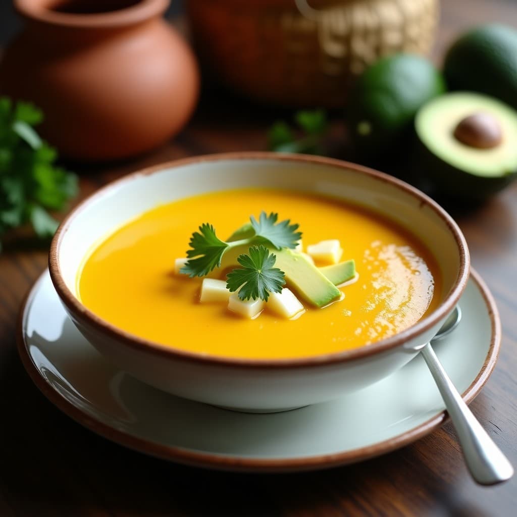 Plato hondo de cerámica blanca con sopa de tomate amarillo y queso campesino ecuatoriano, decorada con cilantro fresco y cubos de aguacate, servida sobre una mesa de madera rústica con fondo de cocina tradicional.